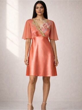 Satin Coral V-Neck Midi Dress with Floral Appliqué